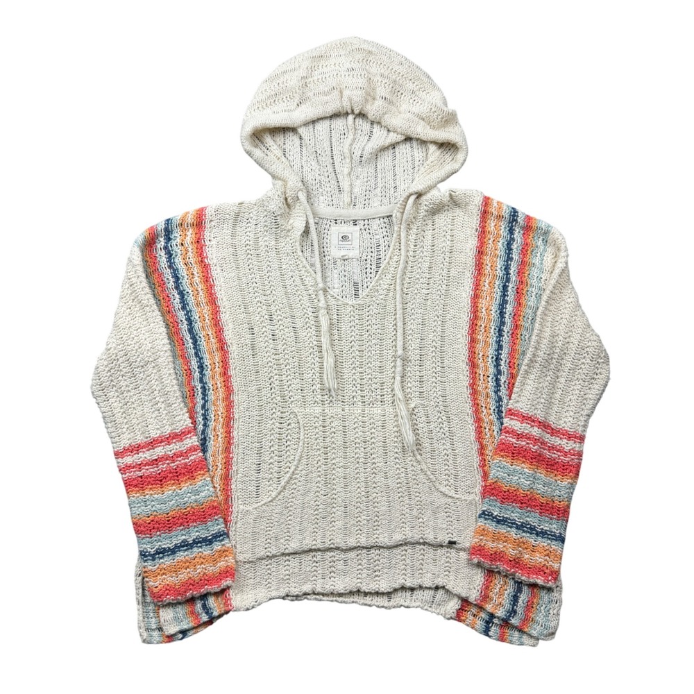 Rip Curl Womens Large Cream Striped Open Knit Baja Hoodie Tassel Beach Sweater